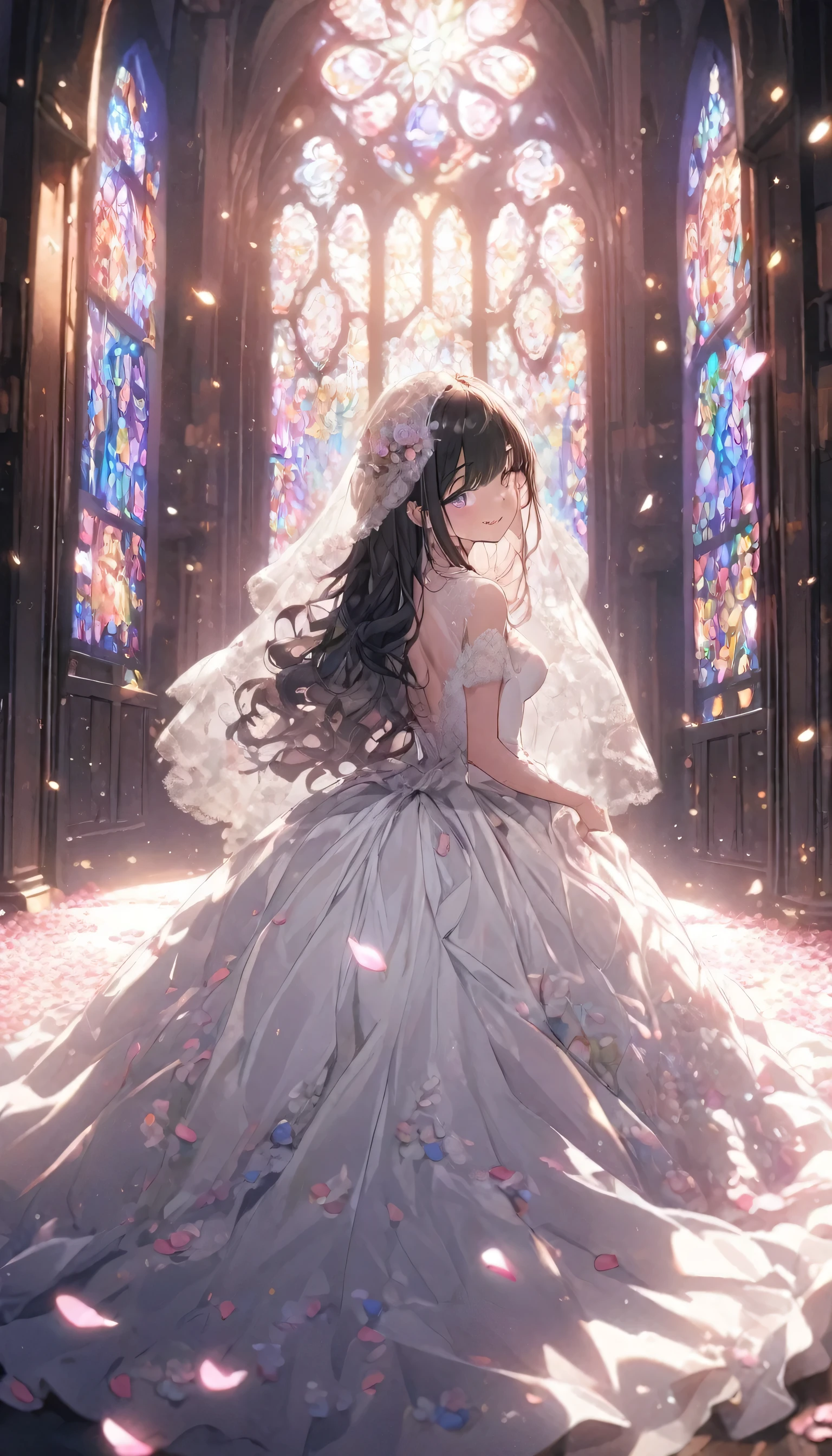 Masterpiece, top quality, fine detail, absurd, 1girl, kawaii, purple eyes, fang, long hair, black hair, white hair, multicolored hair, ((split-color hair)), bangs, light smile, fang, long lace veil, bride in long wedding dress standing in the center, from behind, lace of her long wedding dress spreading to fill the screen, church doors open in the background, bright light, stained glass:1.5, bright light, (Cinematic light:1.5), (light particles:1.5), (flower petals:1.5), (full body),
