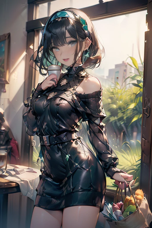 (perky chest:1.2), (pointed chest:1.2),(((Black Tunic:1.3))),(((cakes and bread in the basket),Cute and beautiful girl,Cute round face,Cute smile,with blush cheeks,Red Lip,solo, looking at viewer, open mouth, have a cute grass of cute beergrass,black hair, dark green eyes, dress, bare shoulders, jewelry, collarbone, sidelocks, hairband, earrings, indoors, off shoulder, sweater, arms behind back, plant, short hair with long locks, gild hairband, off-shoulder dress, sweater dress, off-shoulder sweater, black sweater, dark gord hair, big side hair, very long side hair,is rendered in (masterpiece: 1.2, best quality), with (ultra high resolution) and an exquisite (depth of field),(Bangs are see-through bangs),hair pin,hair adornments,detailed clothes features,Detailed hair features,detailed facial features,(Dynamic angles),(Dynamic and sexy poses),Cinematic Light,(masutepiece,top-quality,Ultra-high resolution) ,(The 8k quality,Anatomically accurate facial structure,),(Sea Art 2 Mode:1.3),(Image Mode Ultra HD) ,(Hold a coffee in your hand:1.3),delicate beautiful face, Bright blue eyes, cute eyes, sparkling eyes, Big eyes, (perky chest:1.1), (pointed chest:1.3), looking at viewer,