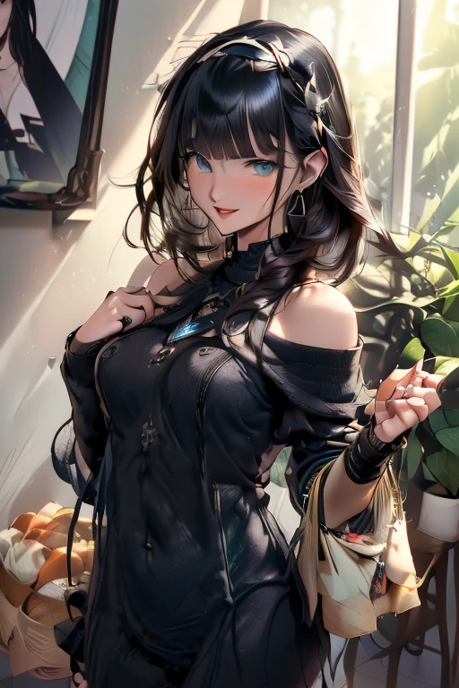 (perky chest:1.2), (pointed chest:1.2),(((Black Tunic:1.3))),(((cakes and bread in the basket),Cute and beautiful girl,Cute round face,Cute smile,with blush cheeks,Red Lip,solo, looking at viewer, open mouth, have a cute grass of cute beergrass,black hair, dark green eyes, dress, bare shoulders, jewelry, collarbone, sidelocks, hairband, earrings, indoors, off shoulder, sweater, arms behind back, plant, short hair with long locks, gild hairband, off-shoulder dress, sweater dress, off-shoulder sweater, black sweater, dark gord hair, big side hair, very long side hair,is rendered in (masterpiece: 1.2, best quality), with (ultra high resolution) and an exquisite (depth of field),(Bangs are see-through bangs),hair pin,hair adornments,detailed clothes features,Detailed hair features,detailed facial features,(Dynamic angles),(Dynamic and sexy poses),Cinematic Light,(masutepiece,top-quality,Ultra-high resolution) ,(The 8k quality,Anatomically accurate facial structure,),(Sea Art 2 Mode:1.3),(Image Mode Ultra HD) ,(Hold a coffee in your hand:1.3),delicate beautiful face, Bright blue eyes, cute eyes, sparkling eyes, Big eyes, (perky chest:1.1), (pointed chest:1.3), looking at viewer,