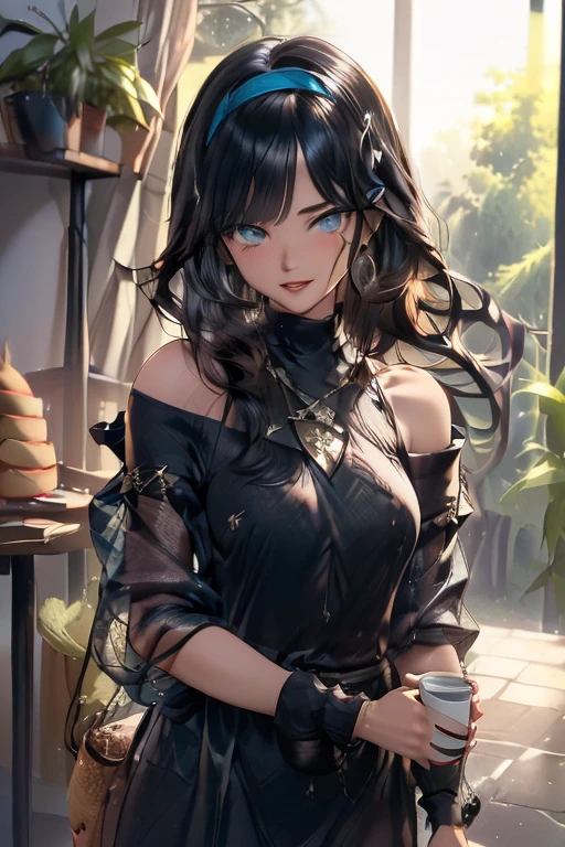 (perky chest:1.2), (pointed chest:1.2),(((Black Tunic:1.3))),(((cakes and bread in the basket),Cute and beautiful girl,Cute round face,Cute smile,with blush cheeks,Red Lip,solo, looking at viewer, open mouth, have a cute grass of cute beergrass,black hair, dark green eyes, dress, bare shoulders, jewelry, collarbone, sidelocks, hairband, earrings, indoors, off shoulder, sweater, arms behind back, plant, short hair with long locks, gild hairband, off-shoulder dress, sweater dress, off-shoulder sweater, black sweater, dark gord hair, big side hair, very long side hair,is rendered in (masterpiece: 1.2, best quality), with (ultra high resolution) and an exquisite (depth of field),(Bangs are see-through bangs),hair pin,hair adornments,detailed clothes features,Detailed hair features,detailed facial features,(Dynamic angles),(Dynamic and sexy poses),Cinematic Light,(masutepiece,top-quality,Ultra-high resolution) ,(The 8k quality,Anatomically accurate facial structure,),(Sea Art 2 Mode:1.3),(Image Mode Ultra HD) ,(Hold a coffee in your hand:1.3),delicate beautiful face, Bright blue eyes, cute eyes, sparkling eyes, Big eyes, (perky chest:1.1), (pointed chest:1.3), looking at viewer,