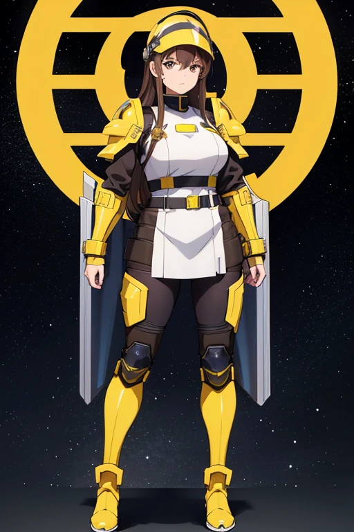 Anime drawings、Full body portrait、Space SF security guard、A female guard, around 180cm tall and around 37 years old, wearing yellow armor, holding a large square shield.、A tense face、He wears a helmet on his head、Brown Hair、Brown eyes、Yellow Boots、Yellow shoulder armor