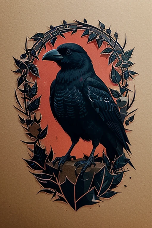 generates an image of a crow surrounded by thorns in stencil style