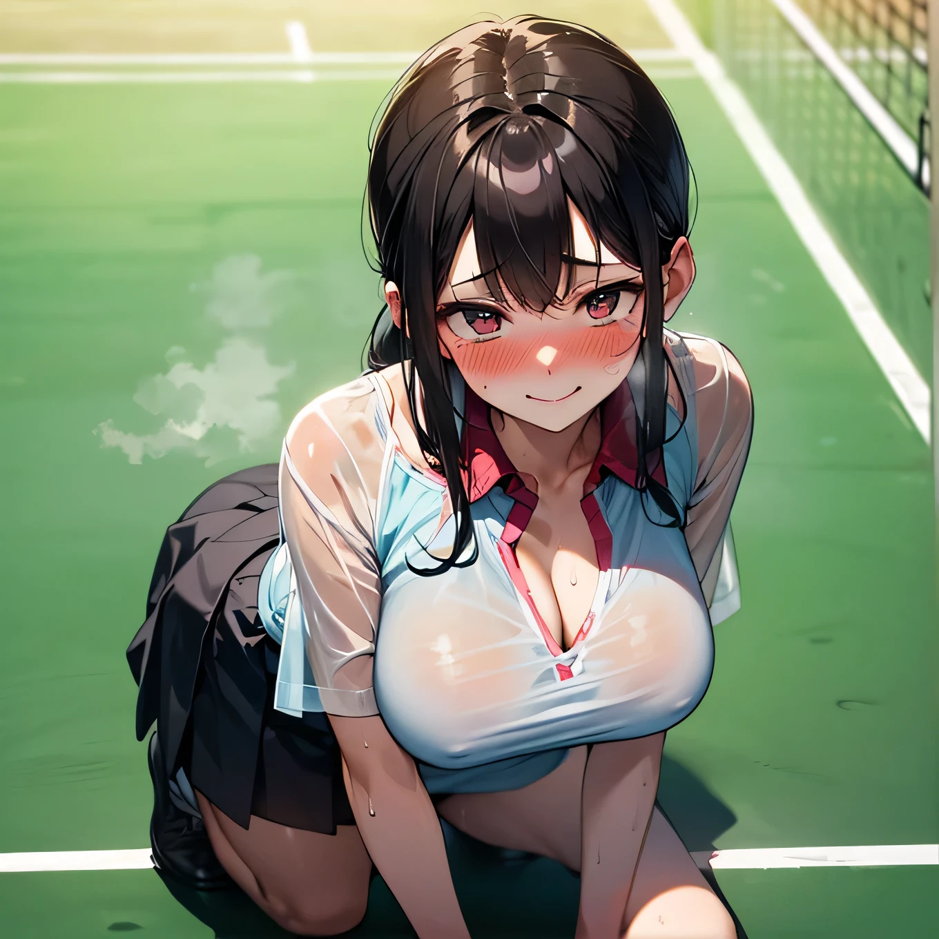 best quality,ultra-detailed,high resolution,extremely detailed CG,perfect anatomy,detailed,cinematic lighting,beautiful detailed eyes,ultra high res,(1girl),18years old,gleaming skin,oil skin,sweat,humid,trembling,strong light coming in,spot lighting,bright,revealing,nose blush,(shamefull:1.2), surprised, (embarrassed,blush:1.3),nsfw,(ecstasy:1.3) ,(slut:1.2),(vulgarity:1.3),(fucked silly:1.1),(steam:1.1),(wet:0.8),(trembling:0.8),(tears:0.7) ,(drooling:0.6),(sweat:0.8),(nsfw:1.2),(Tennis uniform:1.2),(Young:1.2),Japanese,(Tennis court:1.2),large breasts,(Random Hairstyles:1.2),Bold Pose,(full body:1.2),skirt,(Sheer tops:1.5),Shyness,(lure:1.5),(Smile:1.3),Close your mouth