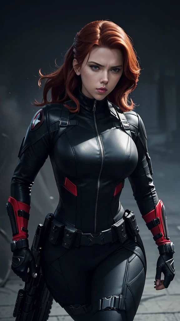 Scarlett Johansson as Black Widow is often depicted in a sleek, tight black leather suit, which is designed to be both functional for combat and visually striking. Her character typically exudes confidence and strength, often seen smiling or with a determined expression. In this iconic look, the costume is form-fitting with tactical details, including a low-cut neckline, utility belt, and various accessories like wrist gauntlets and holsters. Her hair is usually styled in loose waves or a practical updo, complementing her overall fierce and capable persona.