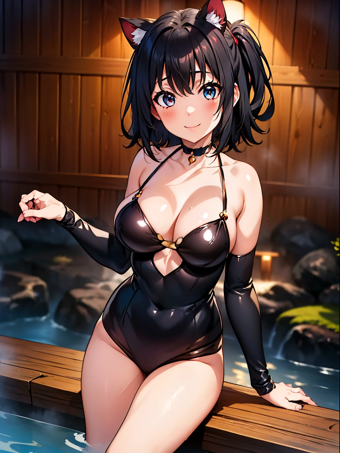 (mesa, mejor calidad, high resolution, nffsw, pixel perfect, profundidad de campos, 4k), 
1 chica en, Solo, , hermosa chica anime, junkotvv, pelo negro, ojos rojos orejas de gato
mirando al espectador, 
Cuerpo perfecto,  

, cabello mediano, teta grande, 

rubor de cara completa, sonrisa, 

(Toalla en el pecho), tirar, 
brazos arriba, 
onsen caliente, niebla,