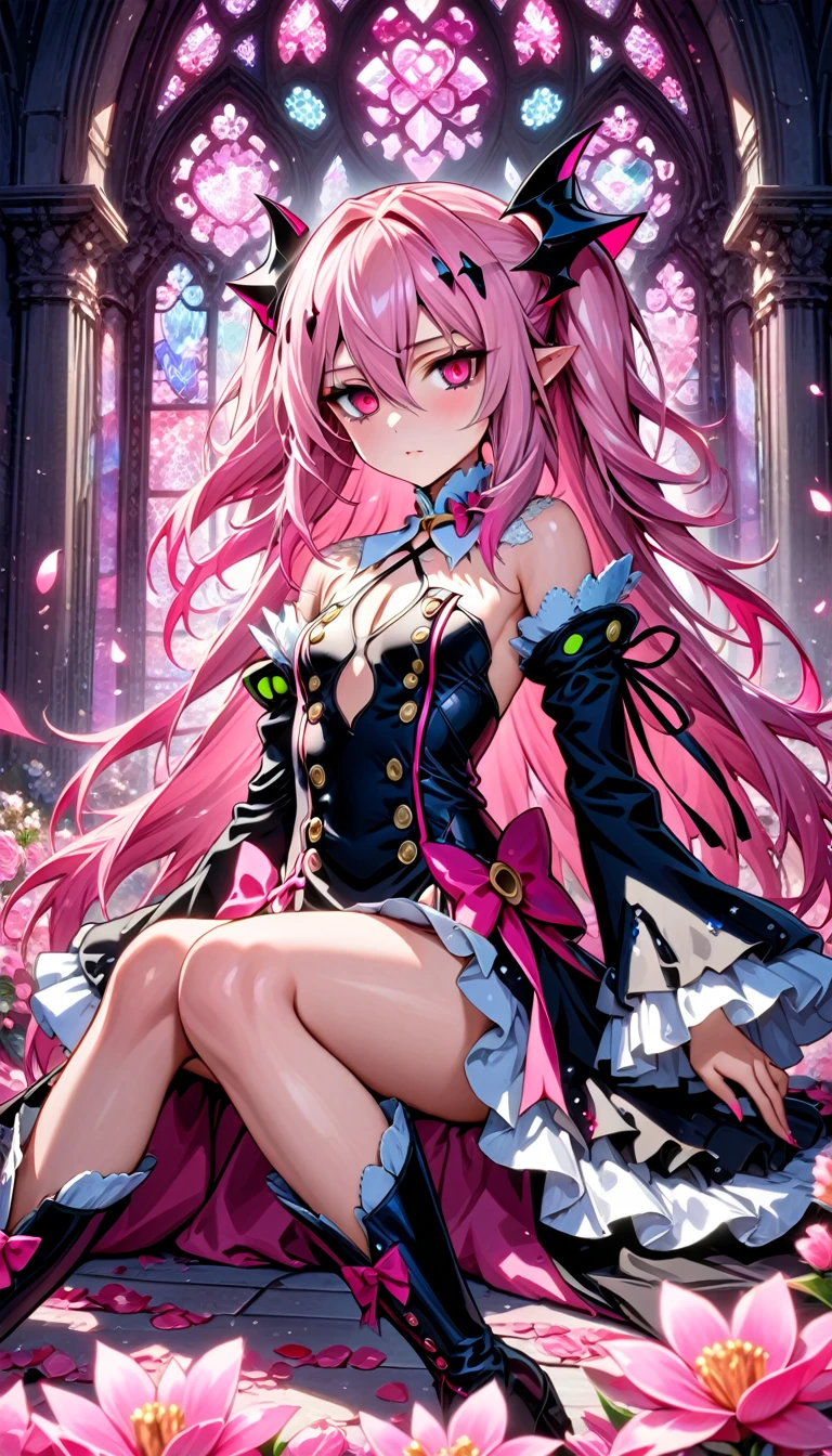 Ultra detailed, Highres, absurdres, HDR, Krul Tepes, pink long hair, expressive red eyes, Owari No Seraph, pink stained glass, pink flowers, petals, extremely beautiful, woman, perfect face, solo, very detailed eyes and face, pink glass, glittering, extremely pretty, black long dress, master piece, best quality, sitting, black long boots