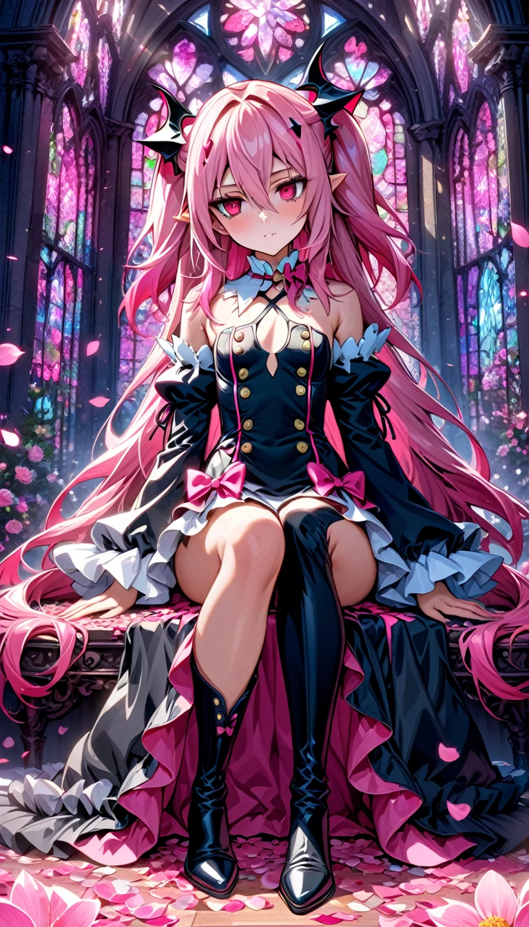 Ultra detailed, Highres, absurdres, HDR, Krul Tepes, pink long hair, expressive red eyes, Owari No Seraph, pink stained glass, pink flowers, petals, extremely beautiful, woman, perfect face, solo, very detailed eyes and face, pink glass, glittering, extremely pretty, black long dress, master piece, best quality, sitting, black long boots