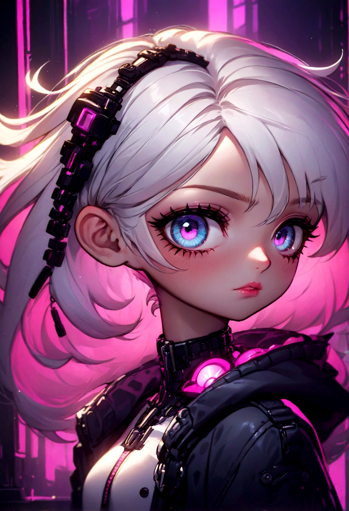 incredible detailed anime k-pop girl, beautiful detailed eyes, long spiked white hair, beautiful detailed lips, extremely detailed face, long eyelashes, dynamic pose, dramatic lighting, neon backlit, dark moody atmosphere, chiaroscuro lighting, moody colors, vibrant neon colors, cyberpunk aesthetic, 8k, high quality, hyper detailed, photorealistic, masterpiece