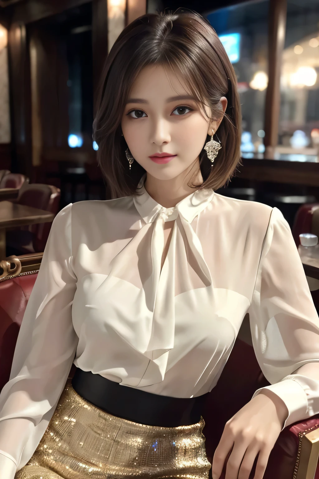 masterpiece, highest quality, Realistic, Very detailed, Finer details, High resolution, 8k wallpaper, One beautiful woman, Wear an elegant white see-through blouse, Great bar restaurant, At night, Light brown shaggy haircut, Perfect dynamic composition, Beautiful and beautiful eyes、Big earrings、Sitting in a chair、