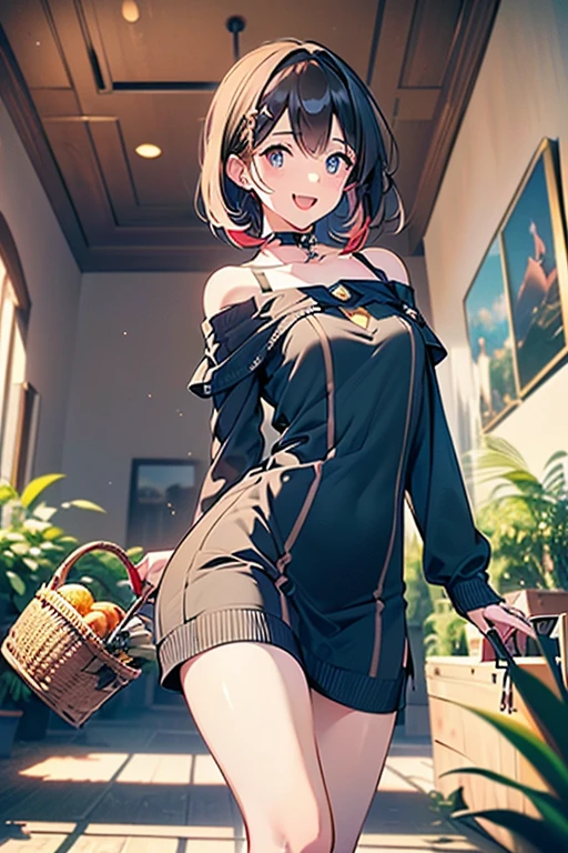 (perky chest:1.2), (pointed chest:1.2),(((Black Tunic:1.3))),(((cakes and bread in the basket),Cute and beautiful girl,Cute round face,Cute smile,with blush cheeks,Red Lip,solo, looking at viewer, open mouth, have a cute grass of cute beergrass,black hair, dark green eyes, dress, bare shoulders, jewelry, collarbone, sidelocks, hairband, earrings, indoors, off shoulder, sweater, arms behind back, plant, short hair with long locks, gild hairband, off-shoulder dress, sweater dress, off-shoulder sweater, black sweater, dark gord hair, big side hair, very long side hair,is rendered in (masterpiece: 1.2, best quality), with (ultra high resolution) and an exquisite (depth of field),(Bangs are see-through bangs),hair pin,hair adornments,detailed clothes features,Detailed hair features,detailed facial features,(Dynamic angles),(Dynamic and sexy poses),Cinematic Light,(masutepiece,top-quality,Ultra-high resolution) ,(The 8k quality,Anatomically accurate facial structure,),(Sea Art 2 Mode:1.3),(Image Mode Ultra HD) ,(Hold a coffee in your hand:1.3),delicate beautiful face, Bright blue eyes, cute eyes, sparkling eyes, Big eyes, (perky chest:1.1), (pointed chest:1.3), looking at viewer, 