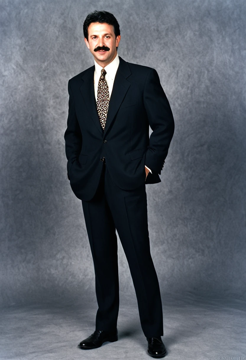 forty year old jewish man, dark hair, bushy mustache, round head, mischievous, 1996, lawyer, designer suit, photorealistic, portrait, full body shot