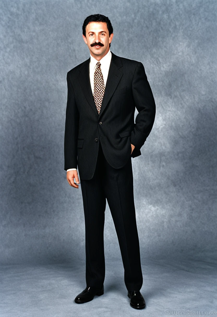 forty year old jewish man, dark hair, bushy mustache, round head, mischievous, 1996, lawyer, designer suit, photorealistic, portrait, full body shot