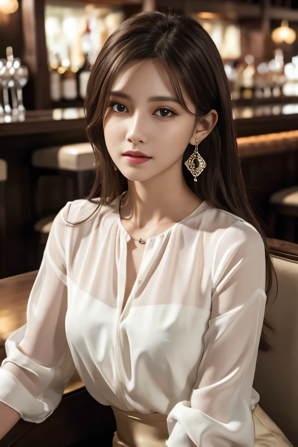 masterpiece, highest quality, Realistic, Very detailed, Finer details, High resolution, 8k wallpaper, One beautiful woman, Wear an elegant white see-through blouse, Great bar restaurant, At night, Light brown shaggy haircut, Perfect dynamic composition, Beautiful and beautiful eyes、Big earrings、Sitting in a chair、
