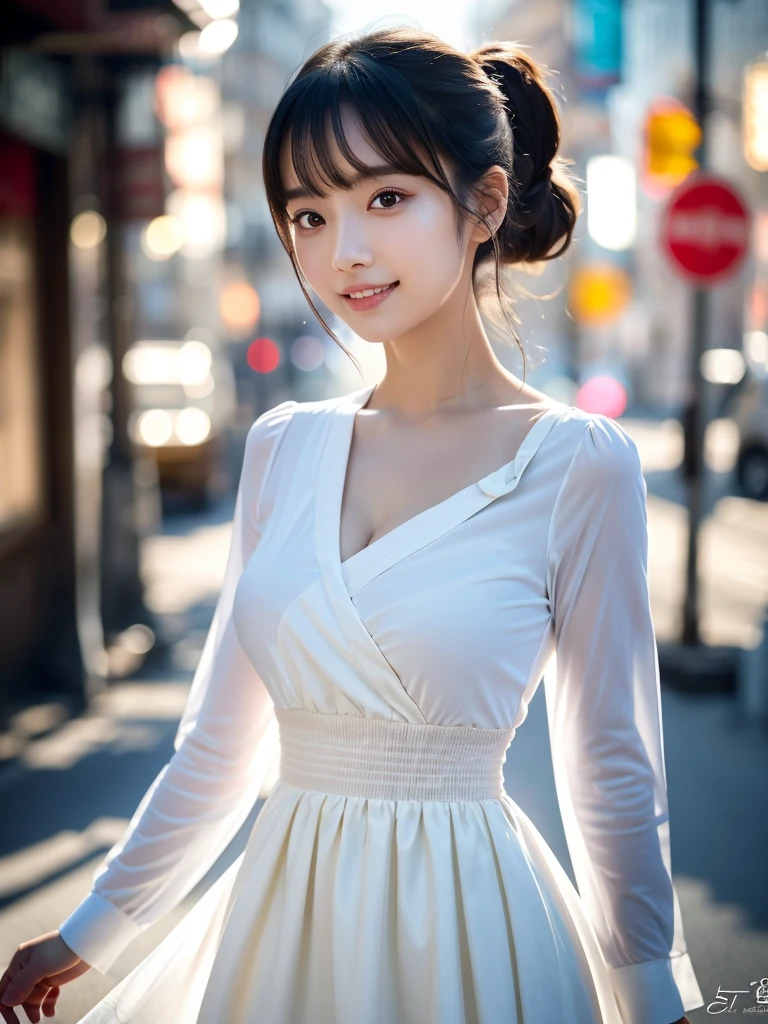 (masutepiece:1.3), (8K, Photorealistic, Raw photo, Best Quality: 1.4), Japanese, (1girl in), Beautiful face, (Realistic face), (Black hair), Beautiful hairstyle, Realistic eyes, Beautiful detailed eyes, (Realistic skin), Beautiful skin, Attractive, 超A high resolution, A hyper-realistic, Highly detailed, Golden ratio、 Show from the hips to the shoulders, Beautiful detailed skin, (Cute:1.2), (Black hair), ((JPOP Idol)), (upper thigh:0.6), (depth of fields),Soft light, Lens Glow, Looking at Viewer, (drooping eyes:1.2), Straight teeth,Smile, Floating hair, (a blond:1.2), Brown eyes, Movie Scene, Cinematic, fulcolor, 4K, 8K, 16 K, Raw photo, masutepiece, professionally color graded, Professional Photography, cleavage,High School Girl, Hair UP, Think,(Sweat,Sigh)1.2,(blush,Open mouth)1.3,soft clean focus, Realistic lighting and shading, (an extremely delicate and beautiful art)1.3, Elegant,Active Angle,Dynamism Pose, Photorealistic, (One pretty girl:1.1), hight resolution, ultraclear, Sharp Focus, ,Cosplay, slim, Sheer white cloth,White hair, High Ponytail, (Off-White Damask Long Sleeve Shirt Dress:1.3), (Thom Brown Design Dress:1.4), (hyper detailed background, Detail Background: 1.3), Bokeh, depth of fields, China City Street, No one in the background,(Skirt flipping、Pink panty:1.1)