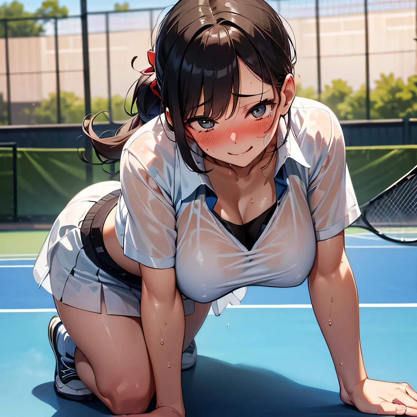 best quality,ultra-detailed,high resolution,extremely detailed CG,perfect anatomy,detailed,cinematic lighting,beautiful detailed eyes,ultra high res,(1girl),18years old,gleaming skin,oil skin,sweat,humid,trembling,strong light coming in,spot lighting,bright,revealing,nose blush,(shamefull:1.2), surprised, (embarrassed,blush:1.3),nsfw,(:1.3) ,(slut:1.2),(vulgarity:1.3),(fucked 1.1),(steam:1.1),(wet:0.8),(trembling:0.8),(tears:0.7) ,(drooling:0.6),(sweat:0.8),(nsfw:1.2),(Tennis uniform:1.2),(Young:1.2),Japanese,(Tennis court:1.2),large breasts,(Randstyles:1.2),Bold Pose,(full body:1.2),skirt,(Sheer tops:1.5),Shyness,(lure:1.5),(Smile:1.3),Close your mouth