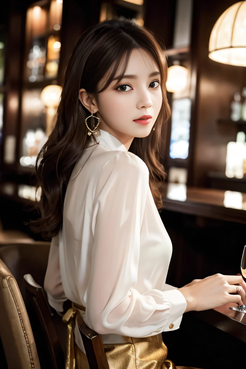 masterpiece, highest quality, Realistic, Very detailed, Finer details, High resolution, 8k wallpaper, One beautiful woman, Wear an elegant white see-through blouse, Great bar restaurant, At night, Light brown messy hair, Perfect dynamic composition, Beautiful and beautiful eyes、Big earrings、Sitting in a chair、Back view