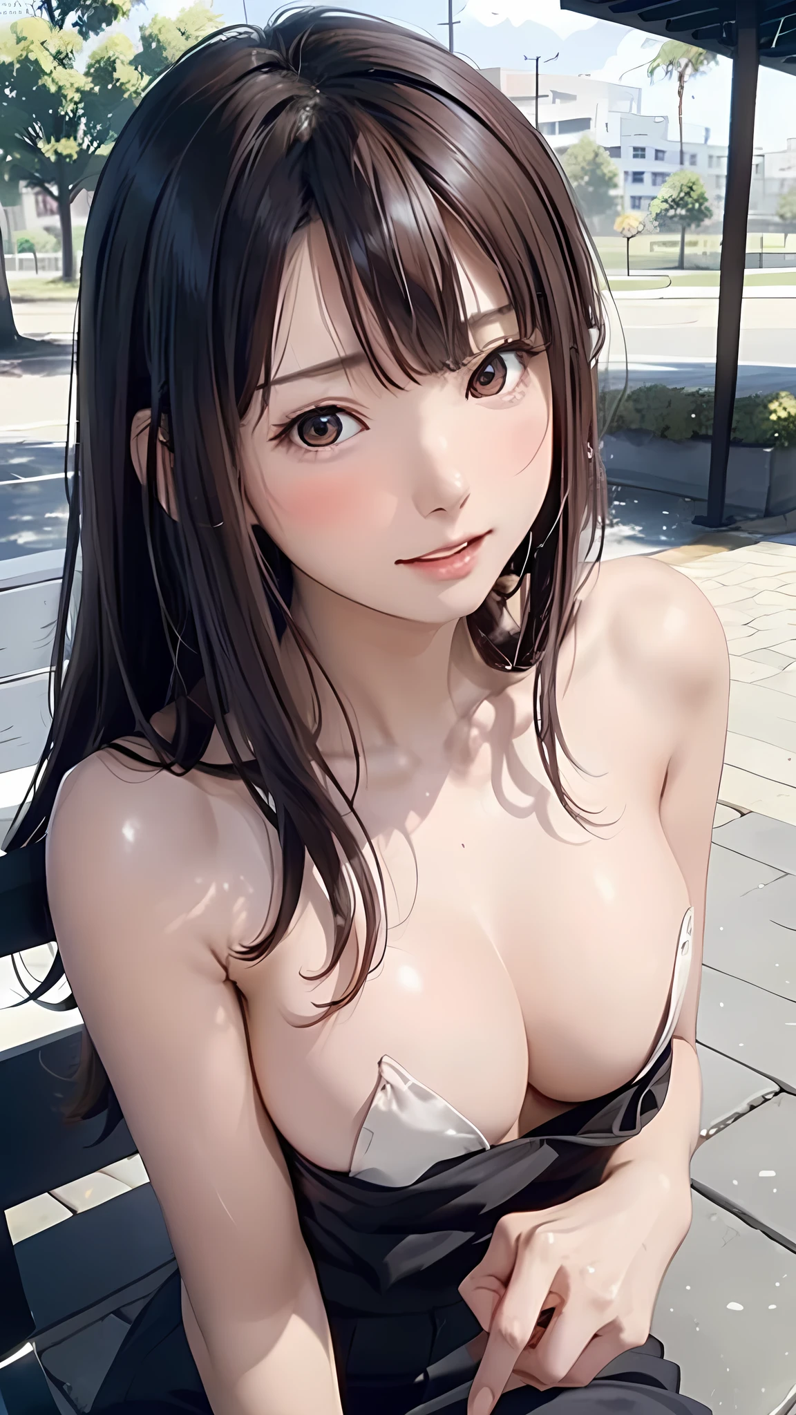 (masterpiece), (highest quality), (Super detailed), Two Girls, blush, ((lift up:1.2)), Happy, View Viewer, Big Hair, Brown Hair, wood々In a park with,bench, shy ,sit on the bench, ((slender)) ,anxiety, blush, mischief,From below,The body is slim,(Shiny skin), from the front, From above,Long wet ears, ((topless:1.2))