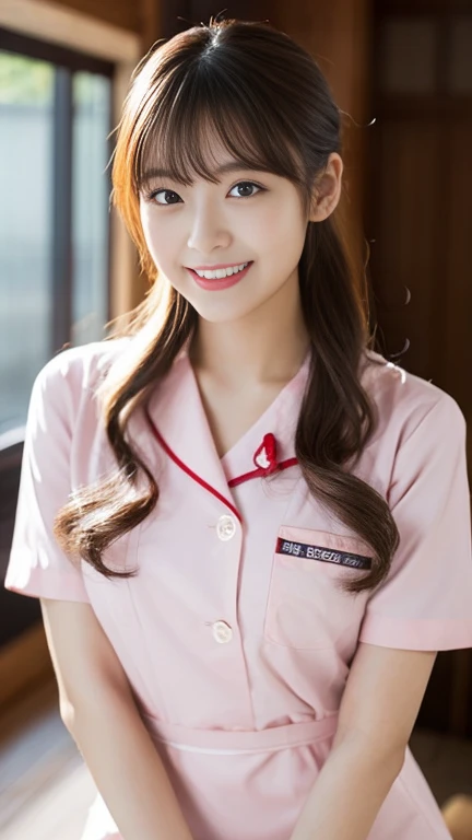 highest quality、8k wallpaper、Reality:1.4、Cinema Lighting、View your viewers、background:An all-white room、1 beautiful girl、Japanese Idol、19 years old、Beautifully detailed eyes、Detailed face、Beautiful Skin、Slender、Slim waist、Thin legs、Red lipstick、ponytail:1.3、Random hair color、Light Hair、Asymmetrical bangs、Japanese nurse outfit、Light pink nurse uniform、smile:1.5、Seductive pose