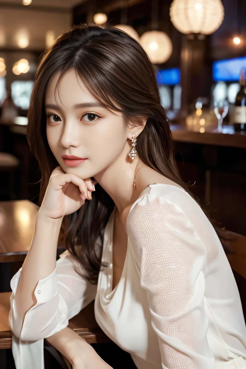 masterpiece, highest quality, Realistic, Very detailed, Finer details, High resolution, 8k wallpaper, One beautiful woman, Wear an elegant white see-through blouse, Great bar restaurant, At night, Light brown messy hair, Perfect dynamic composition, Beautiful and beautiful eyes、Big earrings、Sitting in a chair、Back view