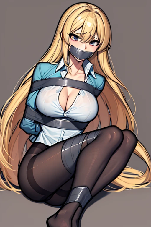 Highest quality, high resolution, 1 woman with very long messy hair, detailed eyes, constricted pupils, ( form fitting unbuttoned shirt), pantless, skirtless, (black hose) , (no shoe), wrinkled clothing, photo realistic, smooth, detailed face, beautiful, Insanely detailed, (taped mouth), tape gag, gag, gagged, ankles taped, mouth taped, arms bound behind back, elbows taped, wrists taped, taped legs, taped arms, knees taped, frightened, pleading eyes, desperate escape attempt, (crying), fearful, award wining, masterpiece, super detail, detailed background, anatomically correct, best quality, 16k, messy hair, tears, standing, detailed panty detailed fabric, cleavage, pantyshot, big bre sleeping