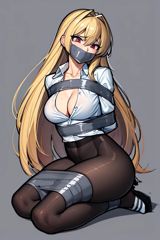 Highest quality, high resolution, 1 woman with very long messy hair, detailed eyes, constricted pupils, ( form fitting unbuttoned shirt), pantless, skirtless, (black pantyhose) , (no shoe), wrinkled clothing, photo realistic, smooth, detailed face, beautiful, Insanely detailed, (taped mouth), tape gag, gag, gagged, ankles taped, mouth taped, arms bound behind back, elbows taped, wrists taped, taped legs, taped arms, knees taped, frightened, pleading eyes, desperate escape attempt, (crying), fearful, award wining, masterpiece, super detail, detailed background, anatomically correct, best quality, 16k, messy hair, tears, standing, detailed pantyhose, detailed fabric, cleavage, thighs, pantyshot, big breasts, sleeping
