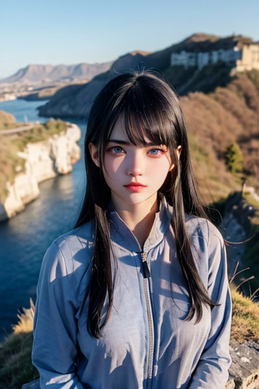 A girl with black hair blue eyes standing on the edge of a mountain with a worried face