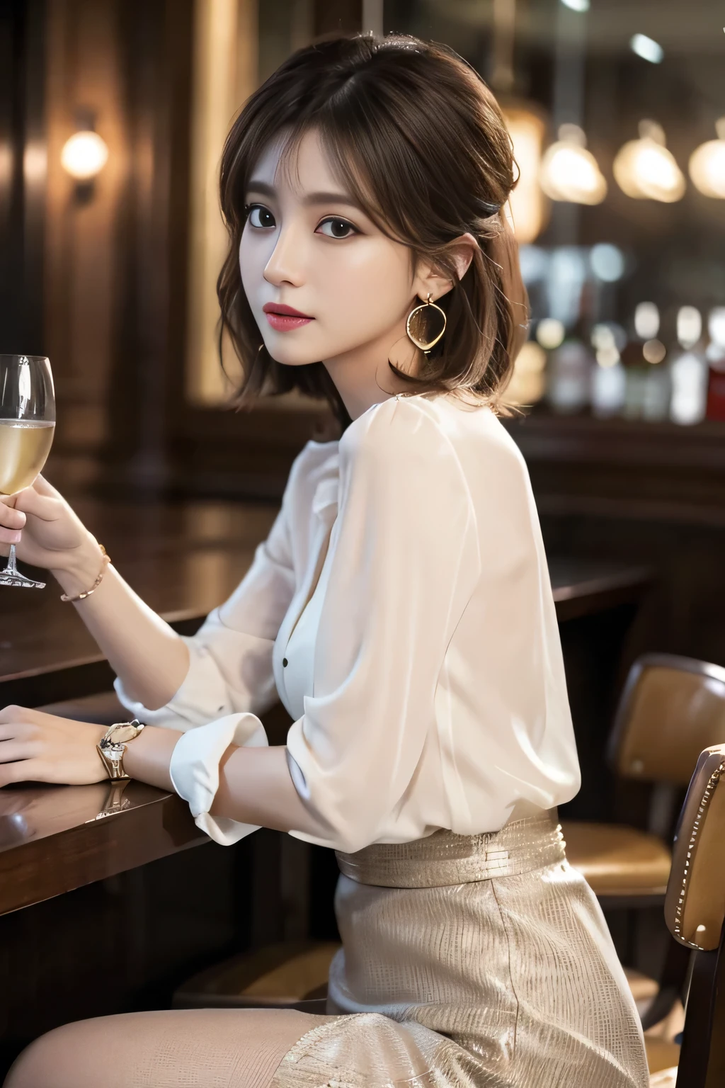 masterpiece, highest quality, Realistic, Very detailed, Finer details, High resolution, 8k wallpaper, One beautiful woman, Wear an elegant white see-through blouse, Great bar restaurant, At night, Light brown shaggy haircut, Perfect dynamic composition, Beautiful and beautiful eyes、Big earrings、Sitting in a chair、Back view
