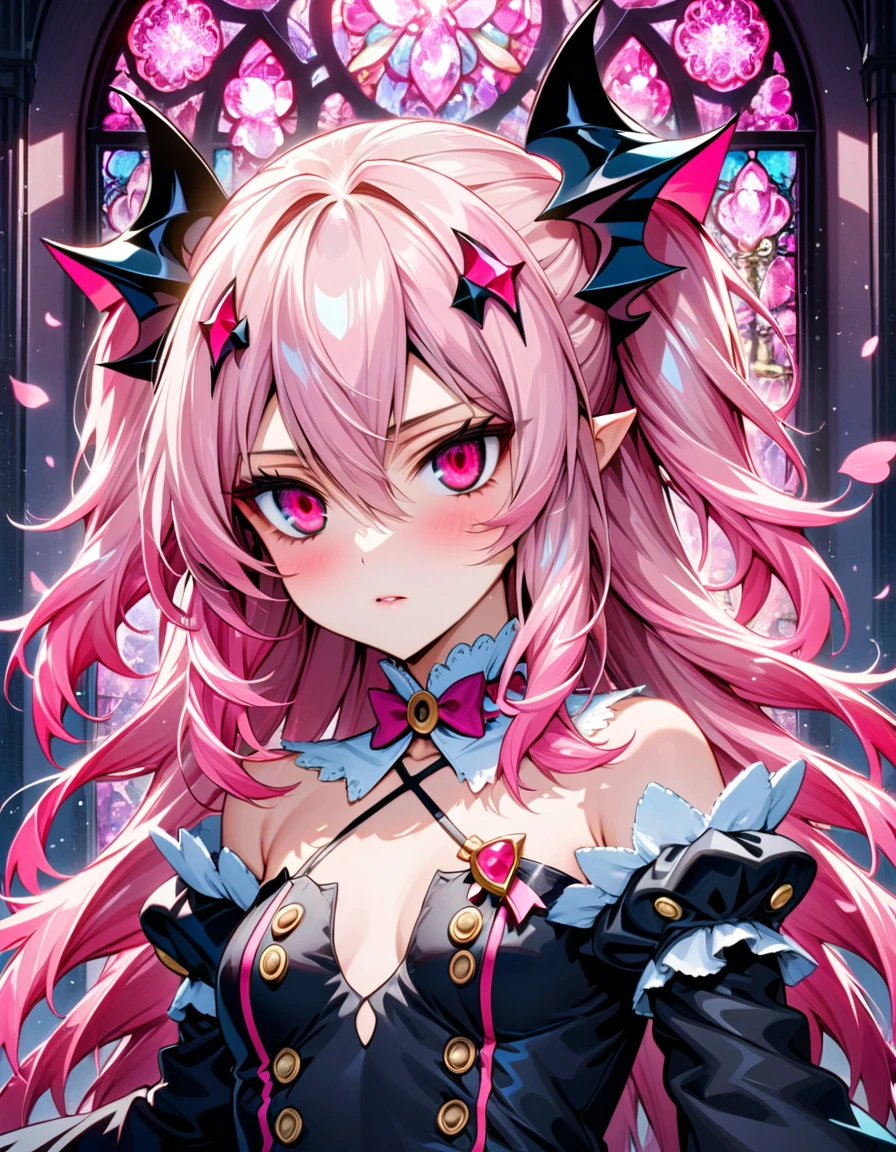 Ultra detailed, Highres, absurdres, HDR, Krul Tepes, pink long hair, expressive red eyes, Owari No Seraph, pink stained glass, pink flowers, petals, extremely beautiful, woman, perfect face, solo, very detailed eyes and face, pink glass, glittering, extremely pretty, black long dress, master piece, holding a cute chibi black bat,
