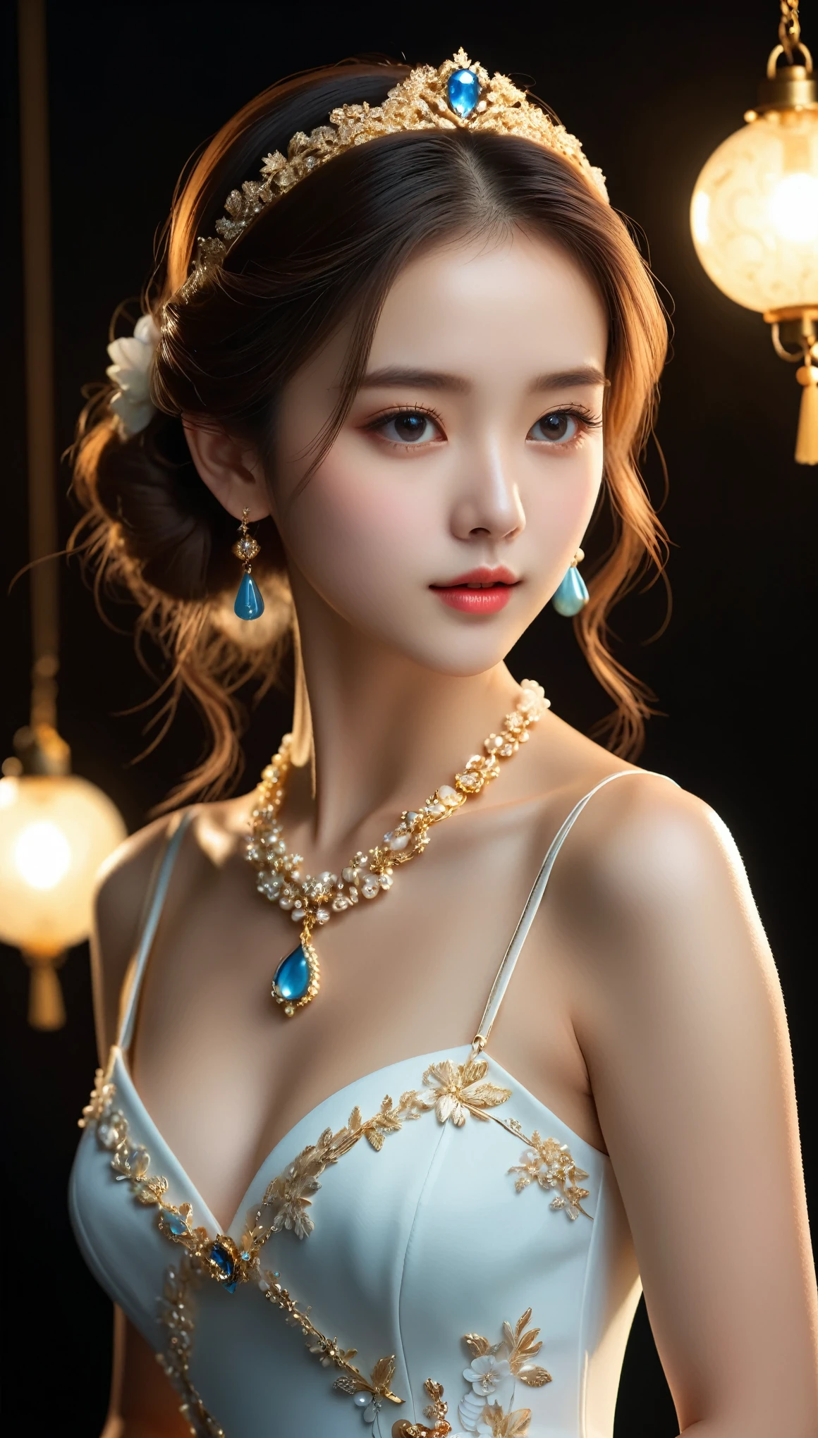 best quality, masterpiece, high resolution, 1 Girl, Porcelain dress, Hair accessories, necklace, Jewelry, Pretty Face, Physically, Tyndall effect, Practical, Dark Studio, Side lighting, Two-color lighting, (High Detail Skin: 1.2), 8K UHD, Digital SLR Camera, Soft Light, high quality, Volumetric Light, frank, photo, high resolution, 4k, 8K, Background blur,