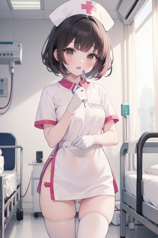 1girl, solo, nurse, nurse cap, white wear, ((white legwear, zettai ryouiki)), white gloves, pink hair,  drooping eyes, ((covered nose)), standing, ((hospital room)), sharp outline, short sleeves, best quality, masterpiece，Fleshy，Brown eyes，Fleshy，Black hair，happy，lol，Heart，red waistband，Black clothes，Exposing underwear，Black underwear