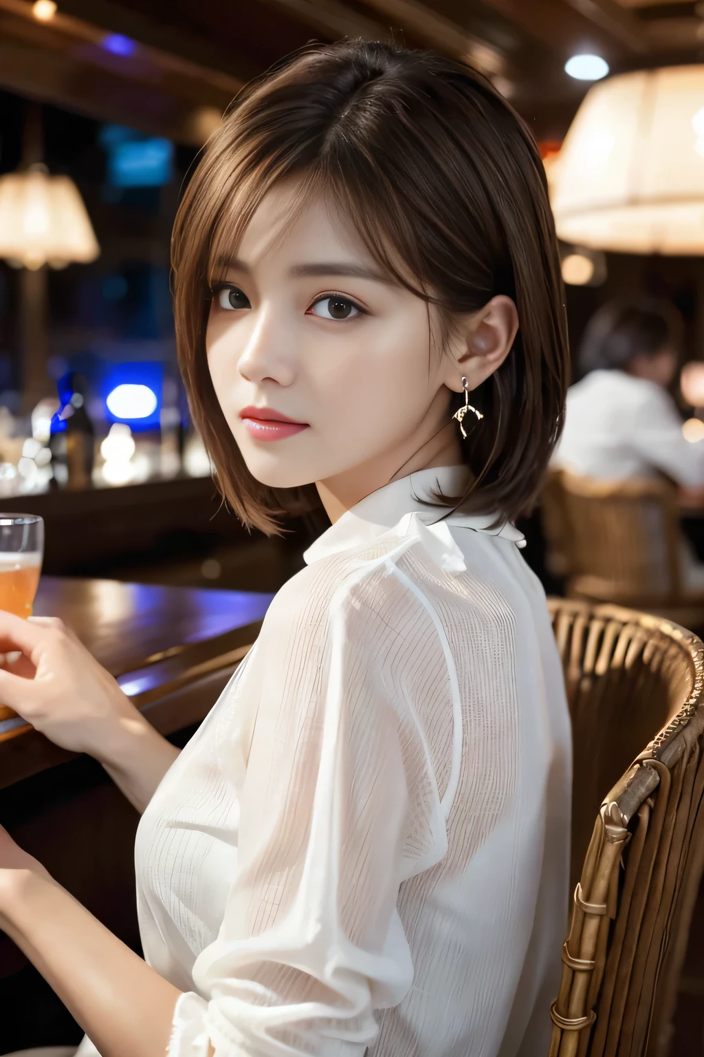 masterpiece, highest quality, Realistic, Very detailed, Finer details, High resolution, 8k wallpaper, One beautiful woman, Wear an elegant white see-through blouse, Great bar restaurant, At night, Light brown shaggy haircut, Perfect dynamic composition, Beautiful and beautiful eyes、Big earrings、Sitting in a chair、Back view
