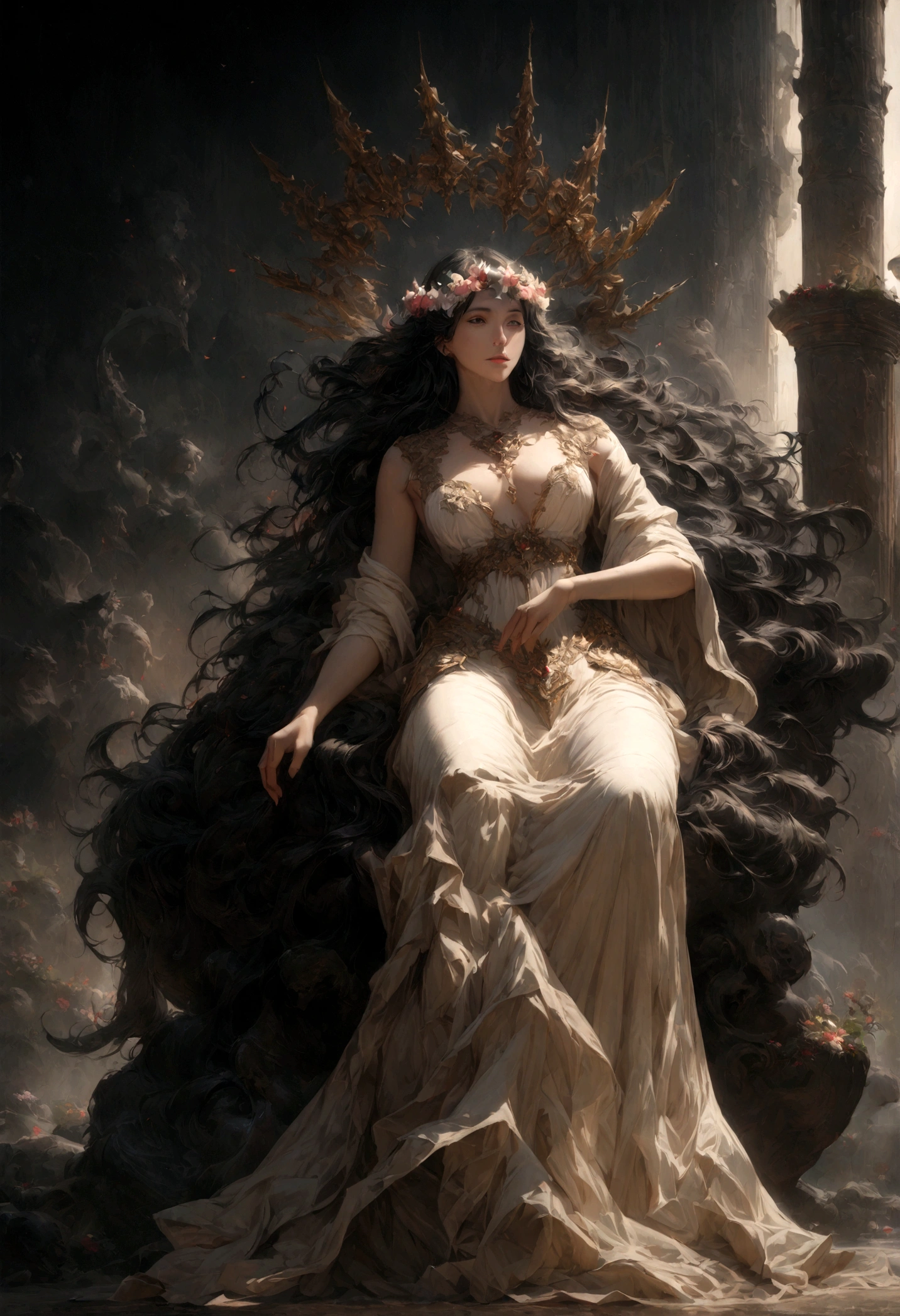 A wonderful dark king of the zodiac, beautiful fantasy, perfect, magical swirls and smoke, fantasy, long flowing hair, cinematic, beautiful, masterpiece, studio quality, smooth rendering, fine art, high detail, cinematic lighting, dramatic, 8k, post-processing, raw, depth of field, hyperrealism, flower crown, realistic proportions