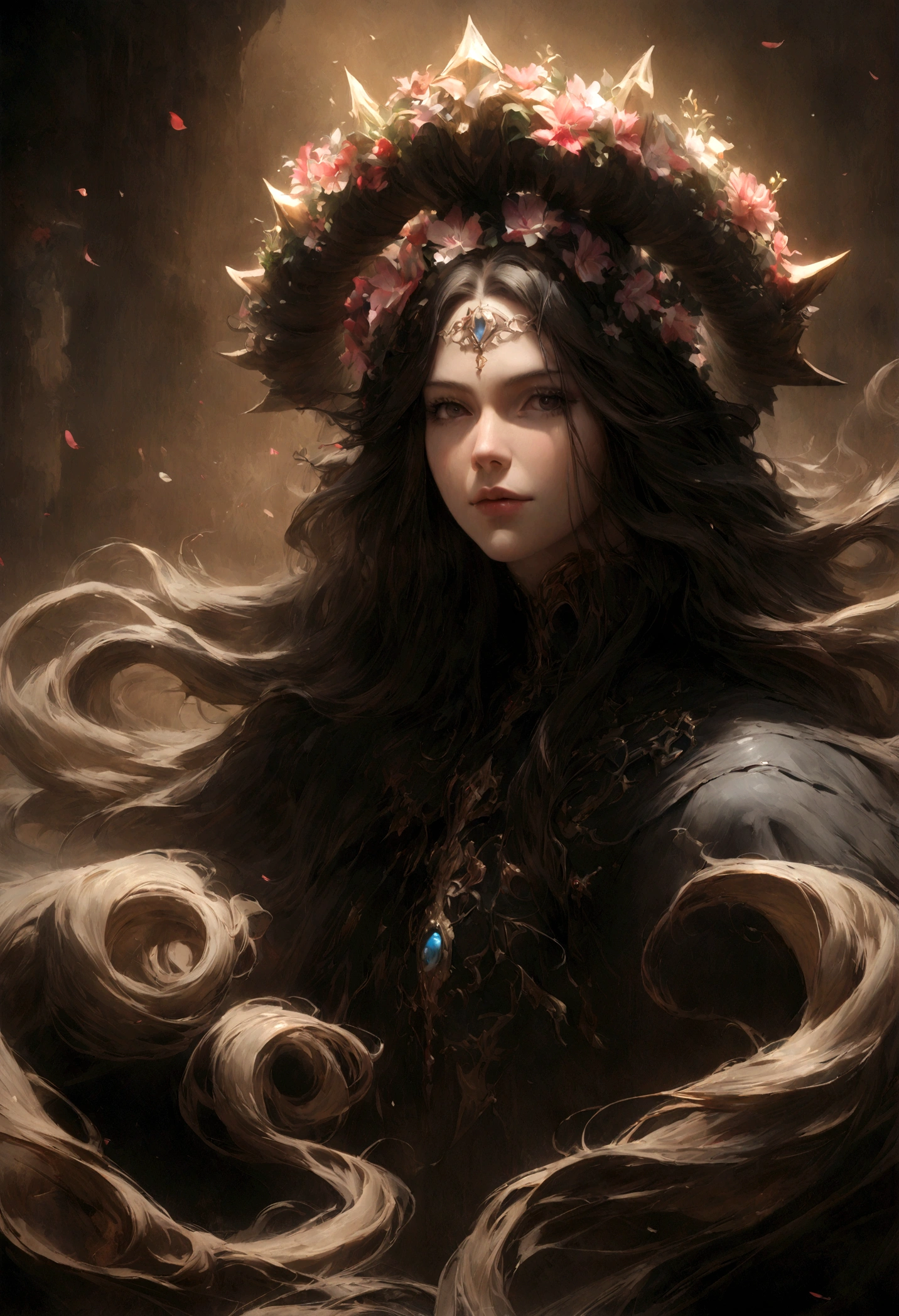 A wonderful dark king of the zodiac, beautiful fantasy, perfect, magical swirls and smoke, fantasy, long flowing hair, cinematic, beautiful, masterpiece, studio quality, smooth rendering, fine art, high detail, cinematic lighting, dramatic, 8k, post-processing, raw, depth of field, hyperrealism, flower crown, realistic proportions