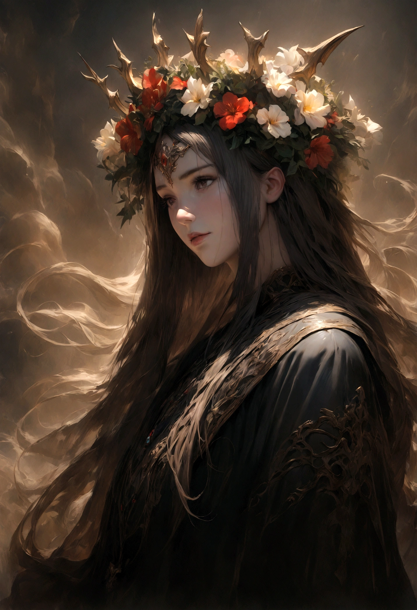 A wonderful dark king of the zodiac, beautiful fantasy, perfect, magical swirls and smoke, fantasy, long flowing hair, cinematic, beautiful, masterpiece, studio quality, smooth rendering, fine art, high detail, cinematic lighting, dramatic, 8k, post-processing, raw, depth of field, hyperrealism, flower crown, realistic proportions