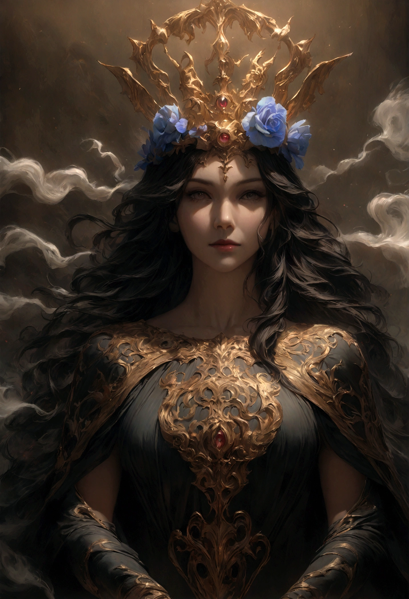 A wonderful dark king of the zodiac, beautiful fantasy, perfect, magical swirls and smoke, fantasy, long flowing hair, cinematic, beautiful, masterpiece, studio quality, smooth rendering, fine art, high detail, cinematic lighting, dramatic, 8k, post-processing, raw, depth of field, hyperrealism, flower crown, realistic proportions