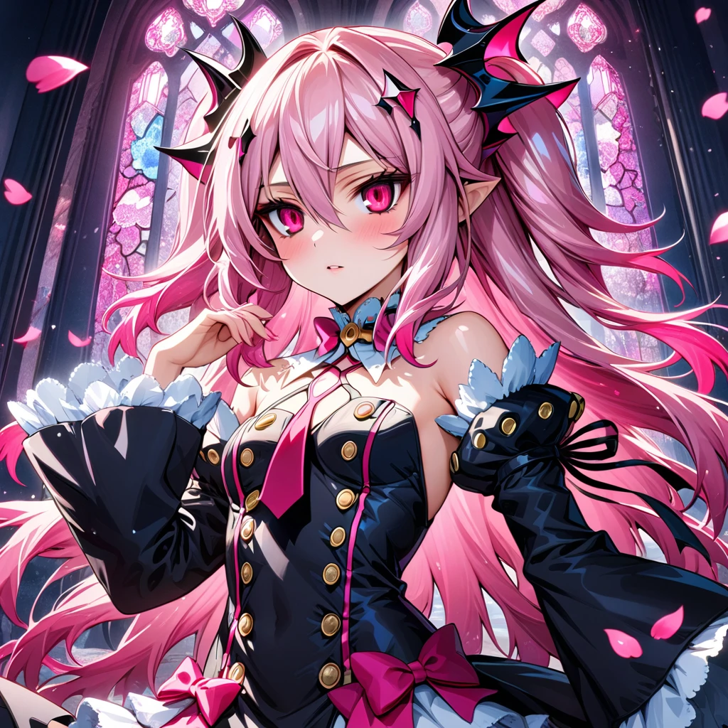 Ultra detailed, Highres, absurdres, HDR, Krul Tepes, pink long hair, expressive red eyes, Owari No Seraph, pink stained glass, pink flowers, petals, extremely beautiful, woman, perfect face, solo, very detailed eyes and face, pink glass, glittering, extremely pretty, black long dress, master piece, holding a cute chibi black bat,