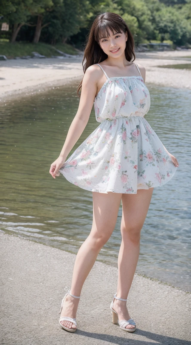 detailed,Clear lines,highest quality, masterpiece,Bright and dark light、Canon Photo Crystal Clear ,（Realistically:1.2）, (Floral Casual Micro Mini Skirt Dress)、Action pose、Take a full body photo、A sloppy smile、Glamour body type、Medium Long Hair、((Wind))、valley、Step into the river、High heels