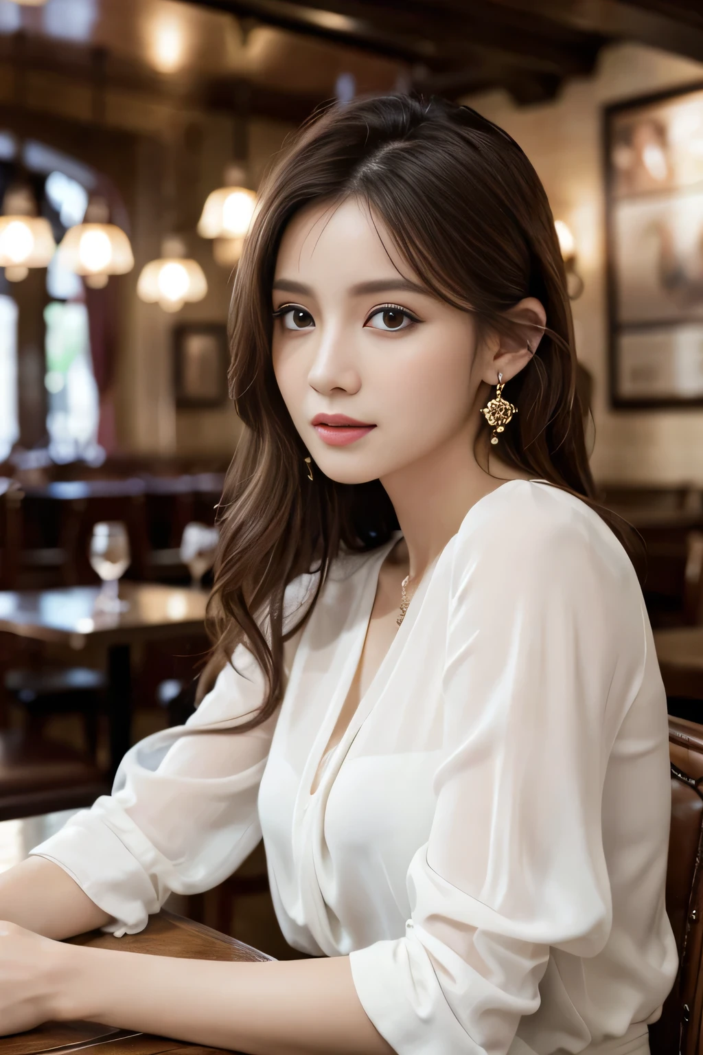 masterpiece, highest quality, Realistic, Very detailed, Finer details, High resolution, 8k wallpaper, One beautiful woman, Wear an elegant white see-through blouse, In a great pub restaurant, At night, Light brown messy hair, Perfect dynamic composition, Beautiful and beautiful eyes、Big earrings、Sitting in a chair、