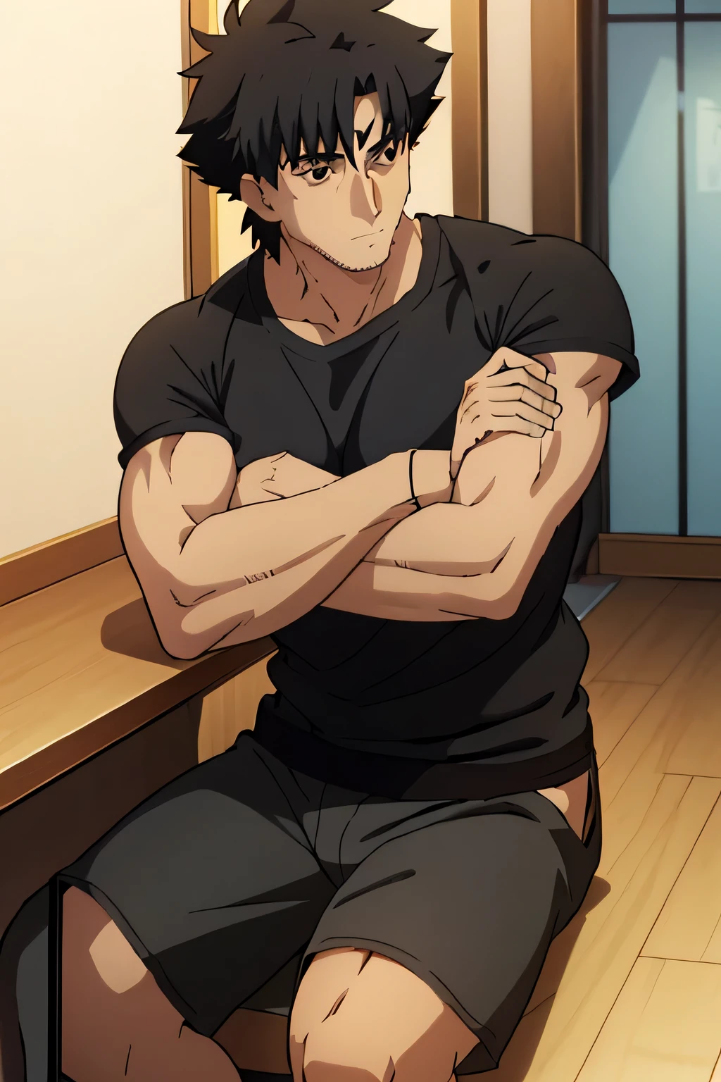 Kiritsugu is sitting and flexing his biceps and abs. He wears black short boxershorts. You can see his thighs. He is admiring his muscles. He has bulging veins on his arms. He wears a black tshirt with short sleeves. His right sleeve is completely rolled up so you can see his entire arm and shoulder. He is showing his abs too.