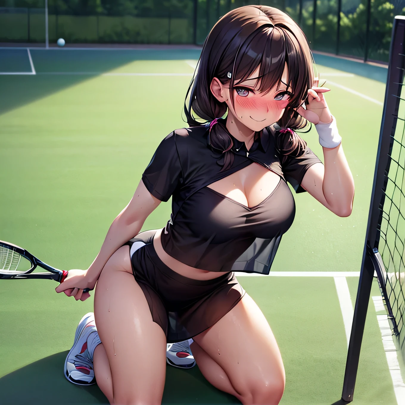 best quality,ultra-detailed,high resolution,extremely detailed CG,perfect anatomy,detailed,cinematic lighting,beautiful detailed eyes,ultra high res,(1girl),18years old,gleaming skin,oil skin,sweat,humid,trembling,strong light coming in,spot lighting,bright,revealing,nose blush,(shamefull:1.2), surprised, (embarrassed,blush:1.3),nsfw,(ecstasy:1.3) ,(slut:1.2),(vulgarity:1.3),(fucked silly:1.1),(steam:1.1),(wet:0.8),(trembling:0.8),(tears:0.7) ,(drooling:0.6),(sweat:0.8),(nsfw:1.2),(Tennis uniform:1.2),(Young:1.2),Japanese,(Tennis court:1.2),large breasts,(Random Hairstyles:1.2),Bold Pose,(full body:1.2),skirt,(Sheer tops:1.5),Shyness,(lure:1.5),(Smile:1.3),Close your mouth