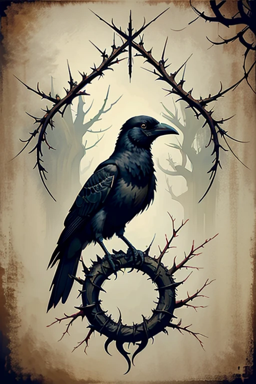 generates an image of a crow surrounded by thorns in stencil style