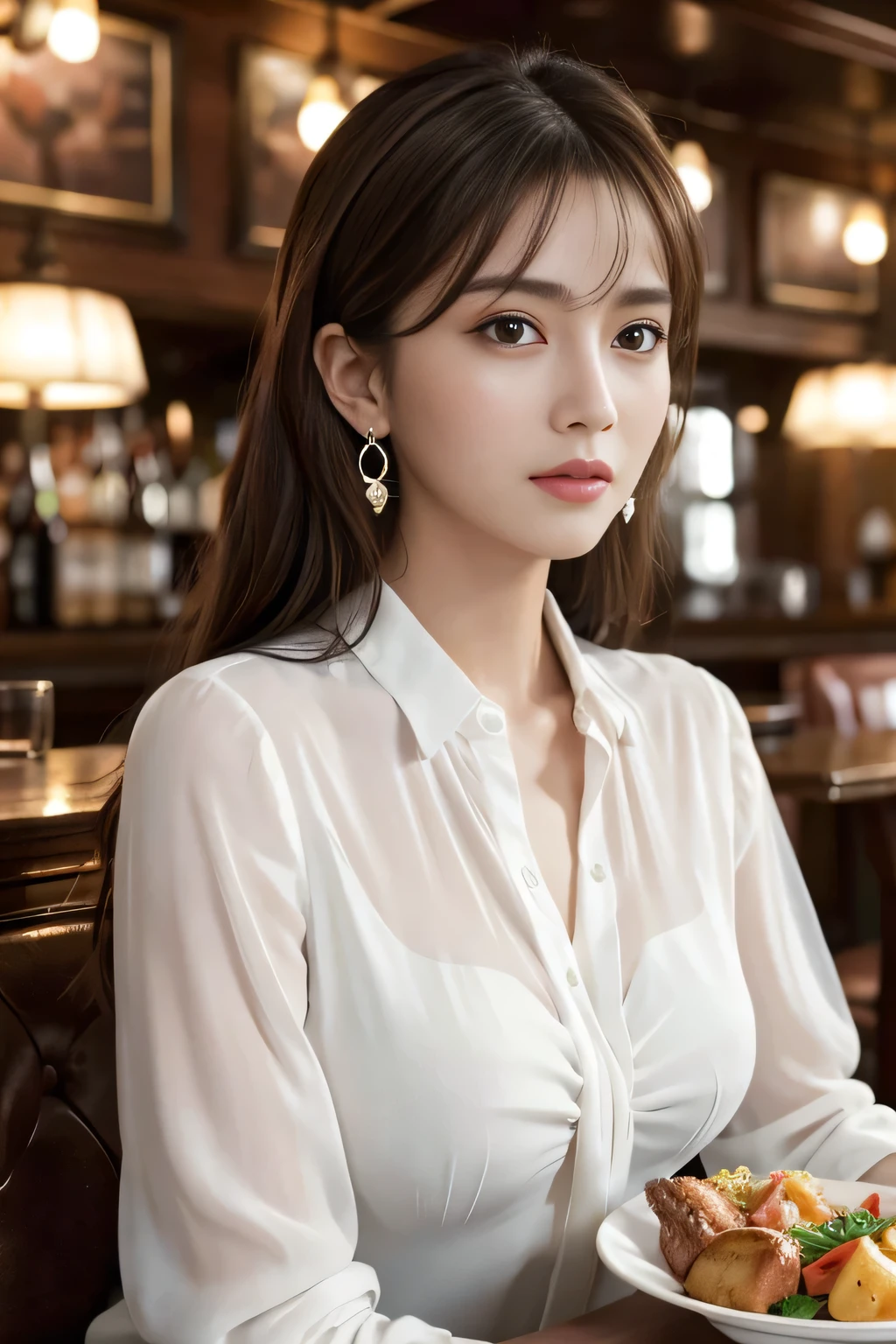 masterpiece, highest quality, Realistic, Very detailed, Finer details, High resolution, 8k wallpaper, One beautiful woman, Wear an elegant white see-through blouse, In a great pub restaurant, At night, Light brown messy hair, Perfect dynamic composition, Beautiful and beautiful eyes、Big earrings、Sitting in a chair、
