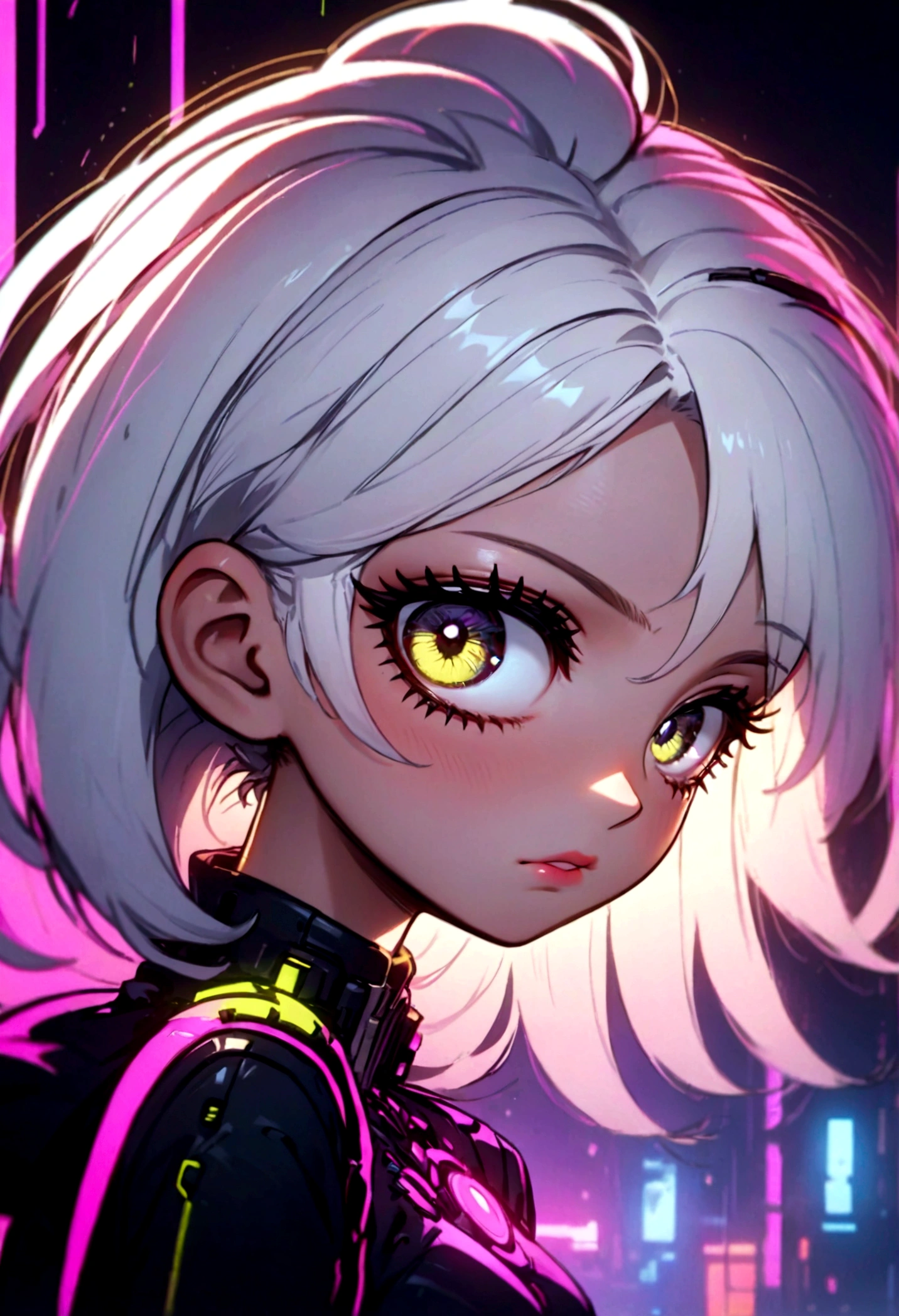 incredible detailed anime k-pop girl, beautiful detailed eyes, long spiked white hair, beautiful detailed lips, extremely detailed face, long eyelashes, dynamic pose, dramatic lighting, neon backlit, dark moody atmosphere, chiaroscuro lighting, moody colors, vibrant neon colors, cyberpunk aesthetic, 8k, high quality, hyper detailed, photorealistic, masterpiece