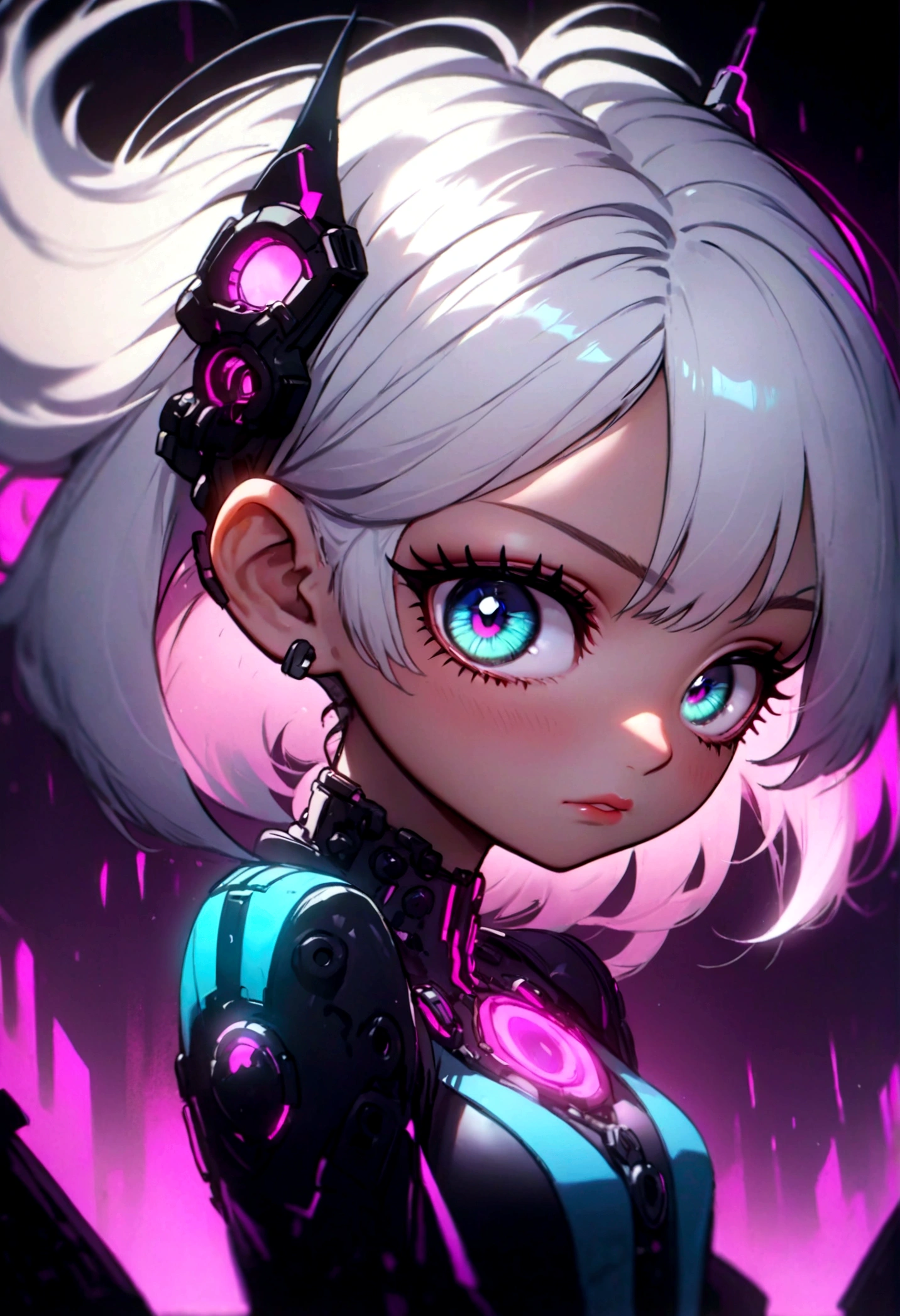 incredible detailed anime k-pop girl, beautiful detailed eyes, long spiked white hair, beautiful detailed lips, extremely detailed face, long eyelashes, dynamic pose, dramatic lighting, neon backlit, dark moody atmosphere, chiaroscuro lighting, moody colors, vibrant neon colors, cyberpunk aesthetic, 8k, high quality, hyper detailed, photorealistic, masterpiece