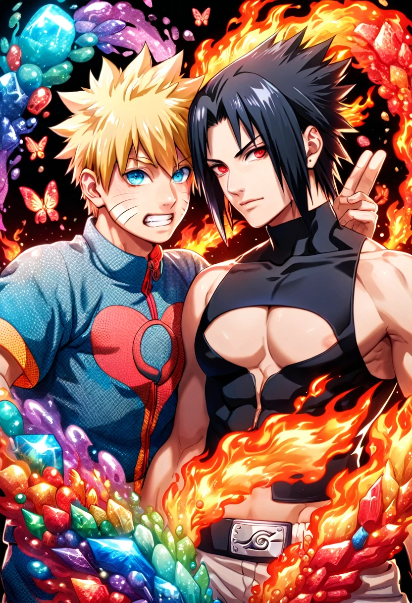 absurdres, highres, ultra detailed, HDR, master piece, best quality, Uchiha Sasuke, black hair, expressive red eyes, Naruto Shippuden, Uzumaki Naruto, blonde hair, expressive turquoise eyes, two sexy men together, gay couple, yaoi, handsome, toned chest, ninja clothes, magical, fantasy, shining, red glittering fireflies, red butterflies, fire