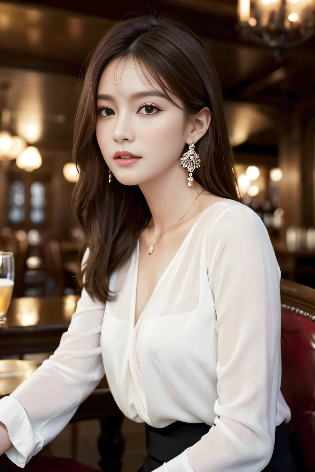 masterpiece, highest quality, Realistic, Very detailed, Finer details, High resolution, 8k wallpaper, One beautiful woman, Wear an elegant white see-through blouse, In a great pub restaurant, At night, Light brown messy hair, Perfect dynamic composition, Beautiful and beautiful eyes、Big earrings、Sitting in a chair、