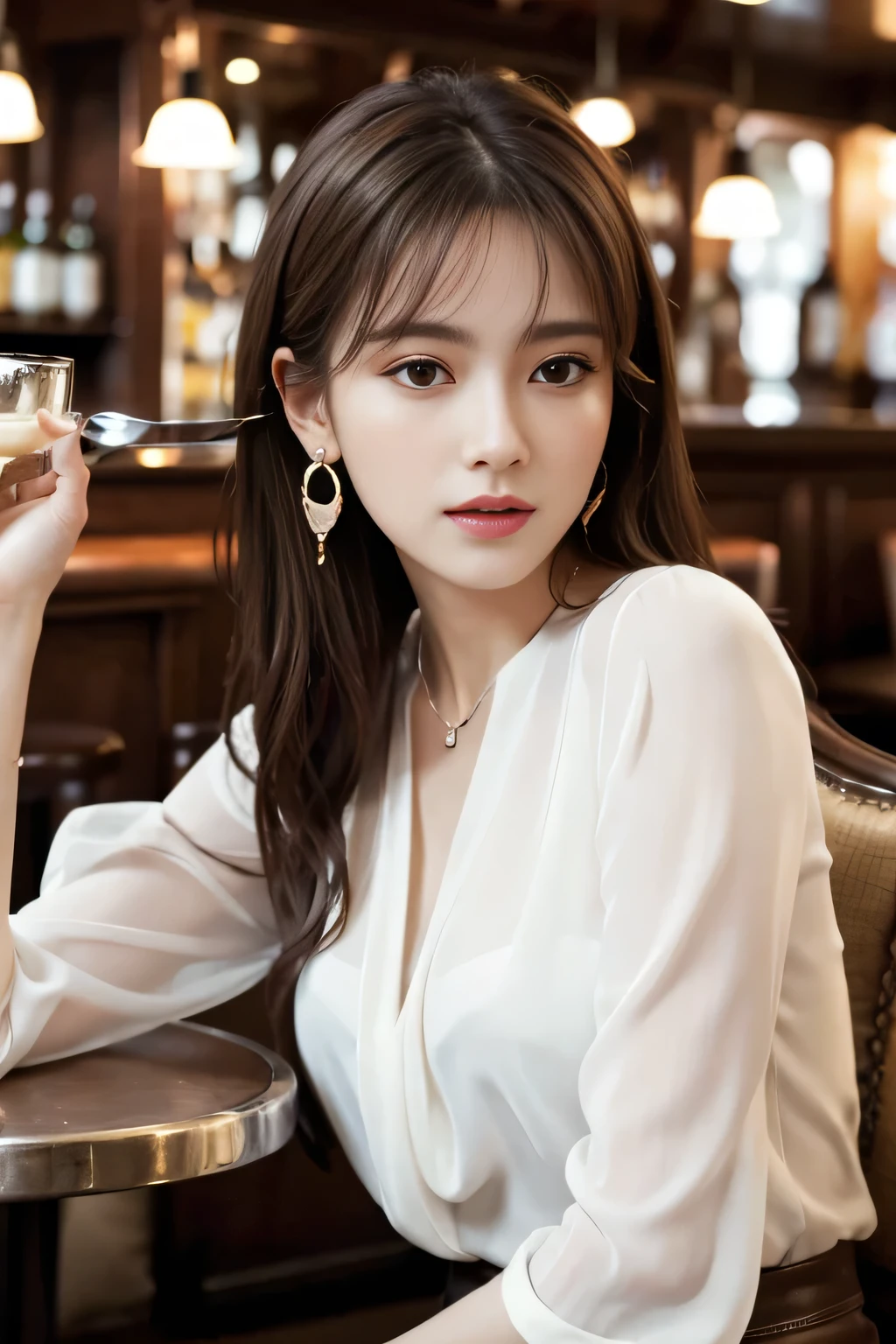 masterpiece, highest quality, Realistic, Very detailed, Finer details, High resolution, 8k wallpaper, One beautiful woman, Wear an elegant white see-through blouse, In a great pub restaurant, At night, Light brown messy hair, Perfect dynamic composition, Beautiful and beautiful eyes、Big earrings、Sitting in a chair、