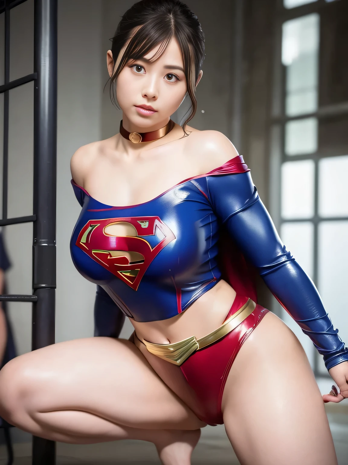 masterpiece、Supergirl Costume、short hair、barefoot、Big and ample breasts、Crisis situation、Complete surrender、Inside the prison、torture chamber、Abused、Humiliating torture、Squatting Pose、shiny sweaty skin、looking at the camera、choker、Long sleeve、Sexy poses to seduce、Off the shoulder、latex、from right in front、Crotch tearing、