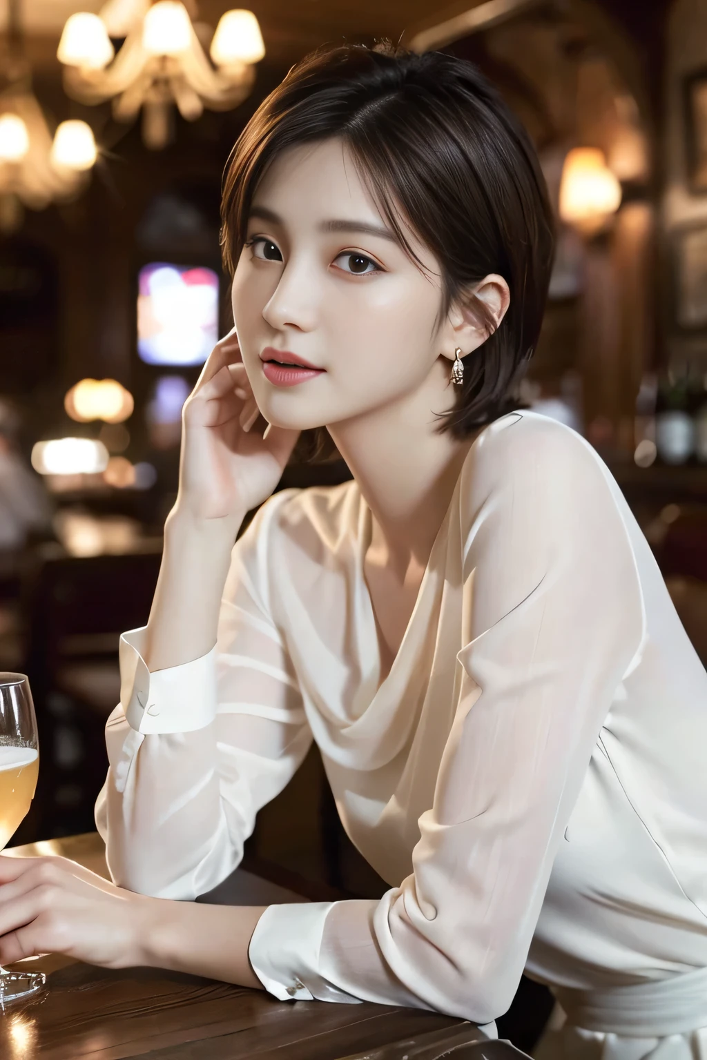 masterpiece, highest quality, Realistic, Very detailed, Finer details, High resolution, 8k wallpaper, One beautiful woman, Wear an elegant white see-through blouse, In a great pub restaurant, At night, Light brown unkempt short hair, Perfect dynamic composition, Beautiful and beautiful eyes、Big earrings、Sitting in a chair、