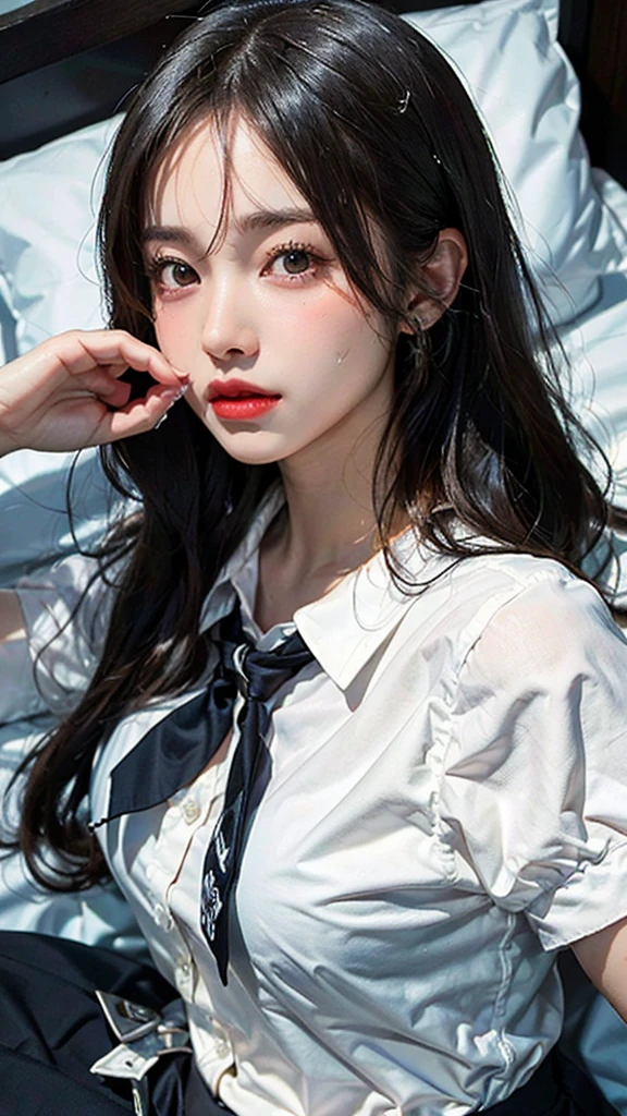 (highest quality, masterpiece:1.3), shape, ((Beautifully detailed face)), Beautiful and detailed skin, Intricate details, Very detailed, Best image quality in 8K, The true picture () (18 year old high school girl:uniform,Short sleeve shirt with white collar,Checkered Skirt) (Small breasts), ,One girl in the Japan,Baby Face,(Detailed Hair,Bobcut,Black Hair),Detailed lips,Open your mouth,(Lying in bed,Sleep on your back:1.2,Top View),blush,Embarrassing,Realistic Face,Realistic Skin,(sexy:2.0,Clothes are disheveled),(Vibrant Skin,Moisturized Skin:1.2),Vivid lips,Lip gloss
